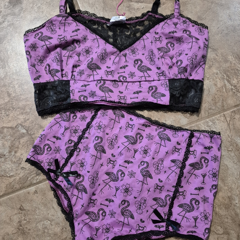 Elegant Flamingo Print Lace Pajama Set